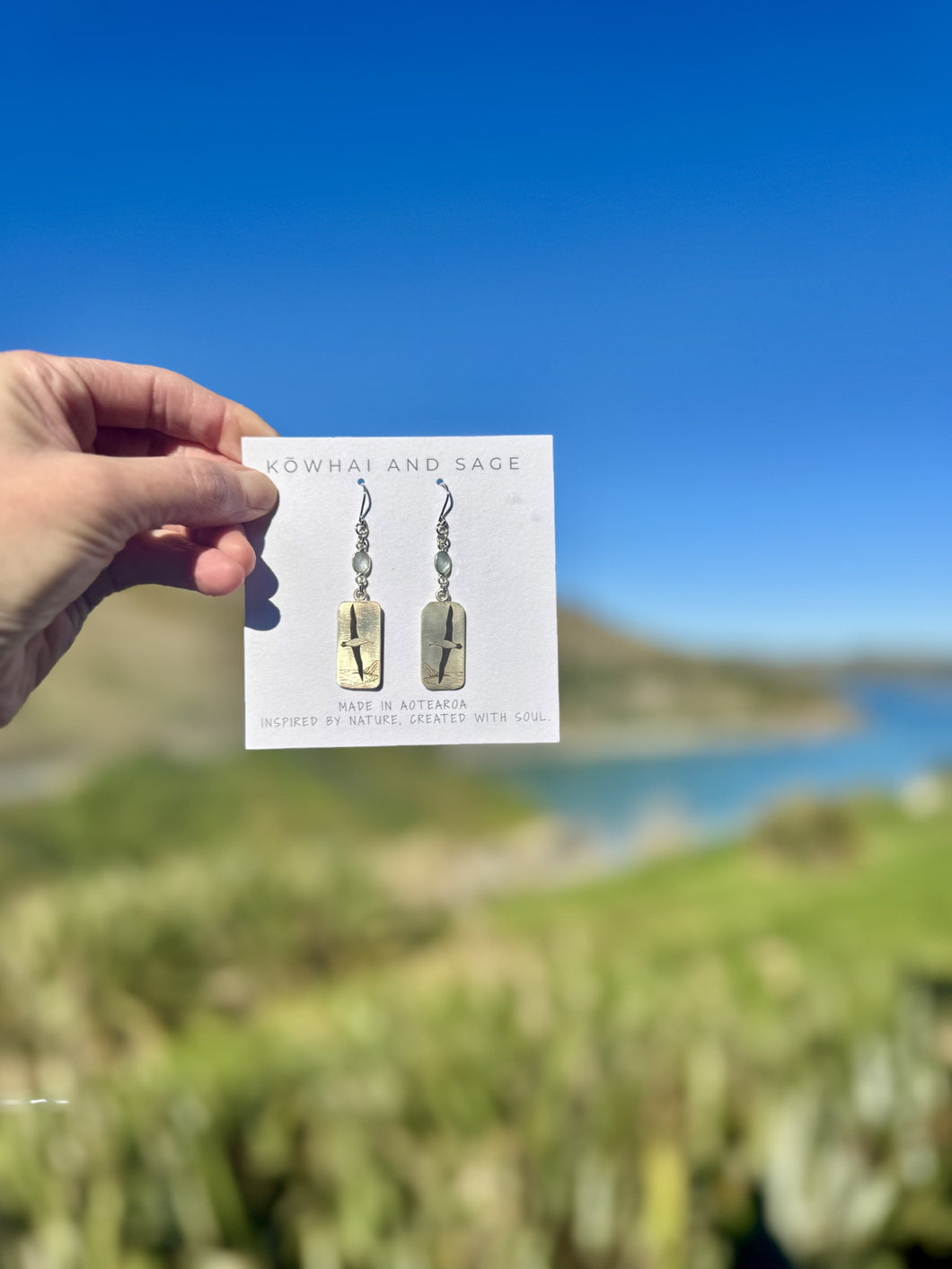 Kowhai & Sage Albatross Earrings (Flying, Aquamarine)