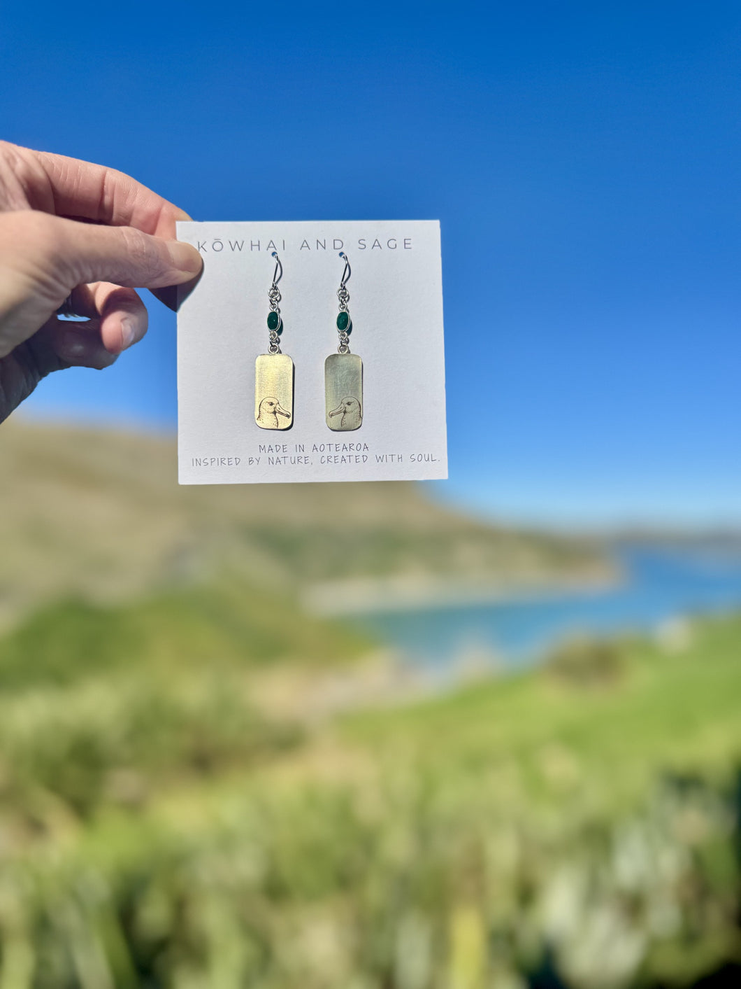 Kowhai & Sage Albatross Earrings (Profile, Emerald)