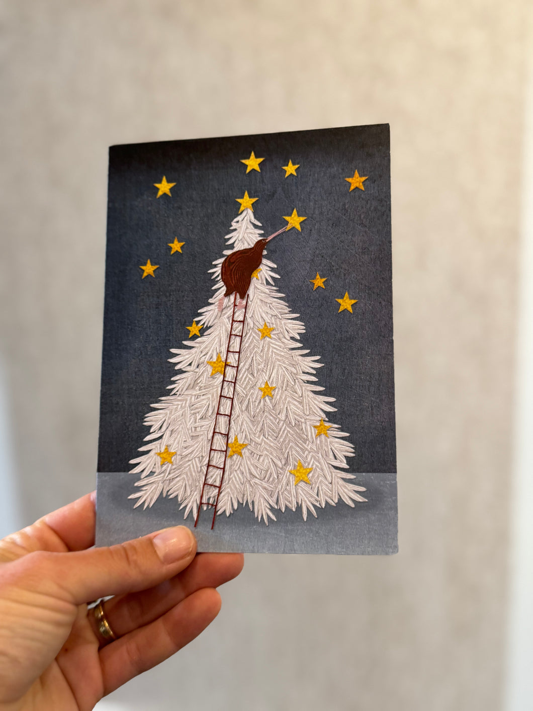 NZ Christmas Card 'Kiwi on white tree'